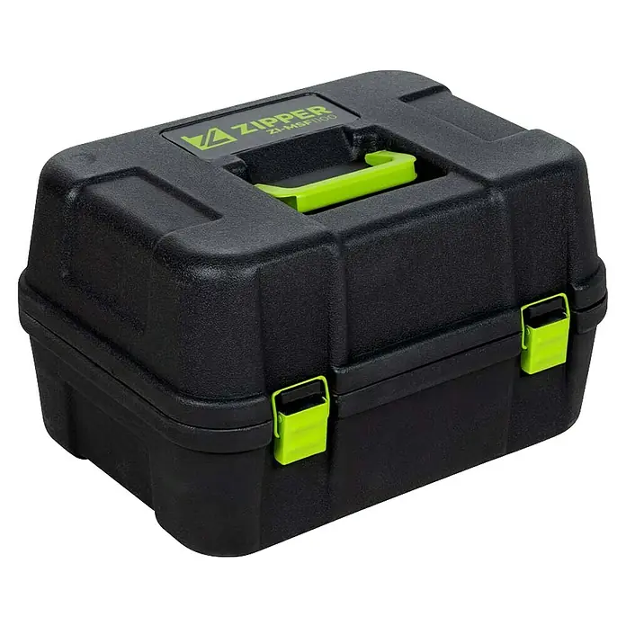 Zipper Mauernutfräse ZI-MSF1100 - 1.100 W, Durchmesser Scheibe: 83 mm - Schwarzer Kunststoff-Werkzeugkoffer mit lindgrünem Griff und Verschlüssen, mit 'ZIPPER' Logo.