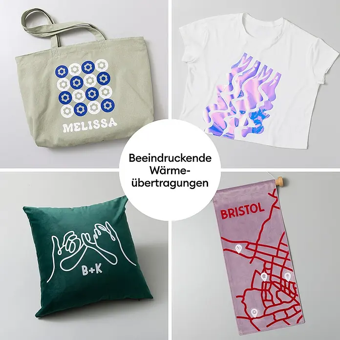 Cricut Transferpresse EasyPress SE + Hitzeschutzmatte - 25 x 30 cm, Passend für: Bügelfolien - Verschiedene Artikel: eine Tragetasche, T-Shirt, Kissen und ein Banner, alle mit beeindruckenden Wärmeübertragungen.