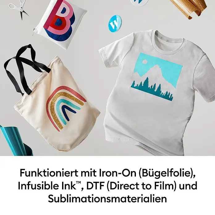 Cricut Transferpresse EasyPress SE + Hitzeschutzmatte - 25 x 30 cm, Passend für: Bügelfolien - Fertige Produkte (Beutel, Tragetasche, T-Shirt) zeigen Kompatibilität mit Bügelfolie, Infusible Ink, DTF und Sublimationsmaterialien.
