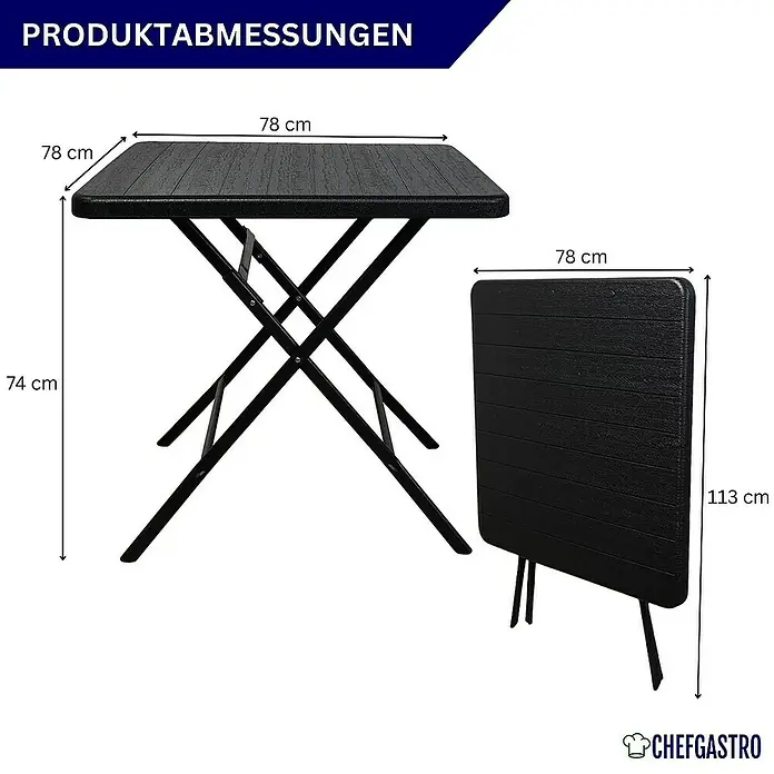 Chefgastro Balkontisch Balkontisch aus Kunststoff, klappbar, für 4 Personen - L x B x H: 78 x 78 x 73 cm, Klappbar, Viereckig, Holz Optik, Schwarz