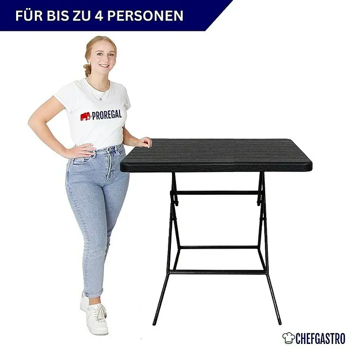 Chefgastro Balkontisch Balkontisch aus Kunststoff, klappbar, für 4 Personen - L x B x H: 78 x 78 x 73 cm, Klappbar, Viereckig, Holz Optik, Schwarz