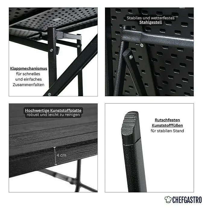Chefgastro Balkontisch Balkontisch aus Kunststoff, klappbar, für 4 Personen - L x B x H: 78 x 78 x 73 cm, Klappbar, Viereckig, Holz Optik, Schwarz