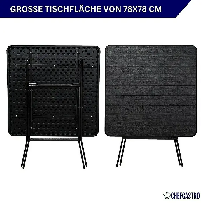 Chefgastro Balkontisch Balkontisch aus Kunststoff, klappbar, für 4 Personen - L x B x H: 78 x 78 x 73 cm, Klappbar, Viereckig, Holz Optik, Schwarz