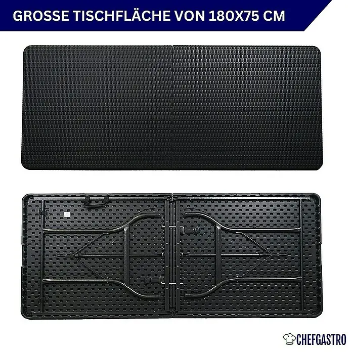 Chefgastro Gartentisch Buffettisch klappbar aus Kunststoff mit Tragegriff, für 8 Personen - L x B x H: 74 x 180 x 74 cm, Viereckig, Rattan Optik, Schwarz