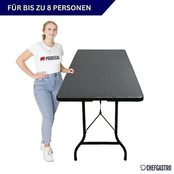 Chefgastro Gartentisch Buffettisch klappbar aus Kunststoff mit Tragegriff, für 8 Personen - L x B x H: 74 x 180 x 74 cm, Viereckig, Rattan Optik, Schwarz