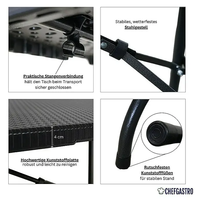 Chefgastro Gartentisch Buffettisch klappbar aus Kunststoff mit Tragegriff, für 8 Personen - L x B x H: 74 x 180 x 74 cm, Viereckig, Rattan Optik, Schwarz