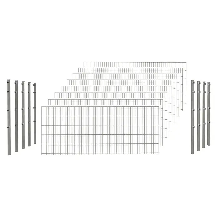 Hadra Zaun-Set DSM 6/5/6 mit 9 Pfosten - 20 x 1,8 m, Grau, 17 -tlg., Mit Klemmhalter - Graue Metallzaunfelder unterschiedlicher Höhen und passende Zaunpfosten, montagebereit.