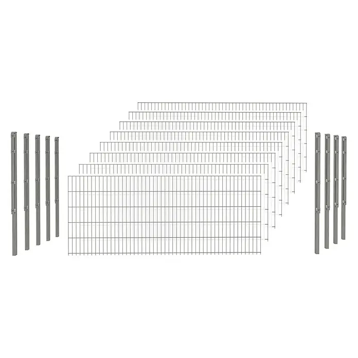 Hadra Zaun-Set DSM 6/5/6 mit 9 Pfosten - 20 x 0,8 m, Grau, 17 -tlg., Mit Flachhalter - Graue Metallzaunfelder und -pfosten für moduläre Zaunsysteme.