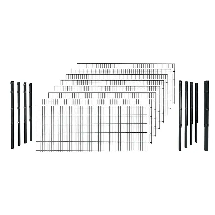 Hadra Zaun-Set DSM 6/5/6 mit 8 Pfosten + Eckpfosten - 20 x 1 m, Anthrazit, 17 -tlg., Mit Flachhalter - Dunkle Metallzaunfelder und -pfosten, modulare Bauteile für einen Garten- oder Grundstückszaun.