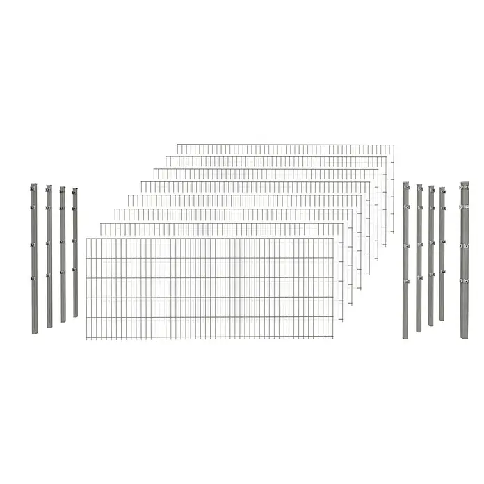 Hadra Zaun-Set DSM 8/6/8 mit 8 Pfosten + Eckpfosten - 20 x 2 m, Grau, 17 -tlg., Mit Klemmhalter - Silberne Metallzaunfelder in verschiedenen Größen und passende Zaunpfosten mit Klemmen für einen Perimeterzaun.