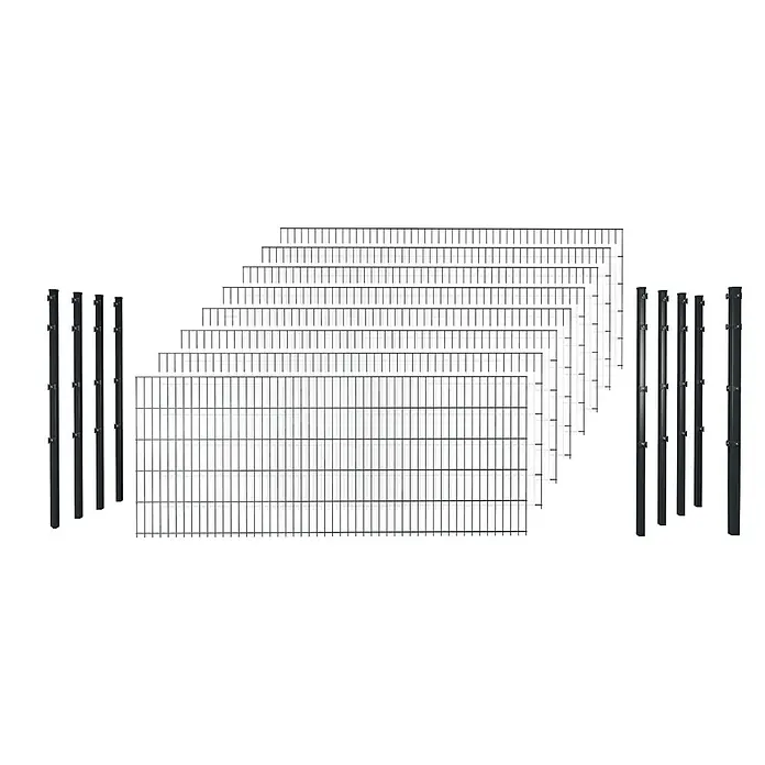 Hadra Zaun-Set DSM 6/5/6 mit 8 Pfosten + Eckpfosten - 20 x 1,4 m, Anthrazit, 17 -tlg., Mit Klemmhalter - Dunkle Metallzaunpfosten und unterschiedlich große dunkle Drahtgitterzaunfelder für ein modulares Zaunsystem.