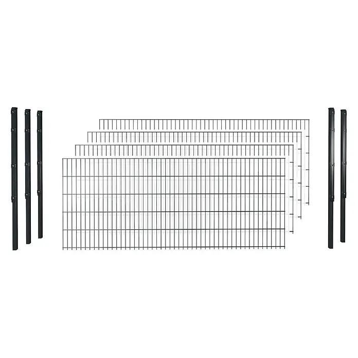 Hadra Zaun-Set DSM 8/6/8 mit 5 Pfosten - 10 x 1,6 m, Anthrazit, 9 -tlg., Mit Flachhalter - Dunkelgrüne Metallgitterzaunfelder in verschiedenen Größen, gestapelt, mit passenden Zaunpfosten zur Montage.