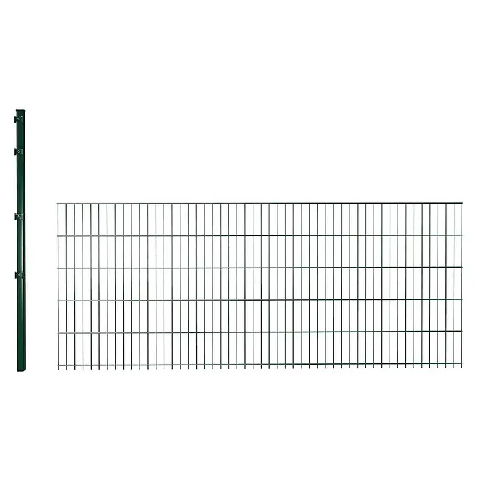 Hadra Zaun-Set DSM Erweiterung 6/5/6 mit Pfosten - 2,5 x 1,2 m, Grün, 2 -tlg., Mit Klemmhalter - Grünes Doppelstabmattenzaun-Feld mit passendem Pfosten.