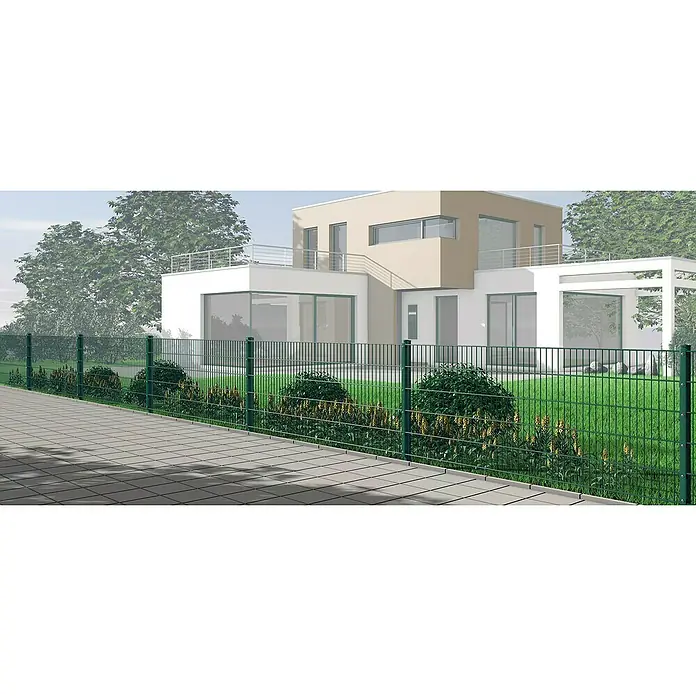 Hadra Zaun-Set DSM 6/5/6 mit 9 Pfosten - 20 x 1 m, Grün, 17 -tlg., Mit Flachhalter - Grüner Doppelstabmattenzaun entlang eines gepflasterten Weges, mit einem modernen Haus im Hintergrund.