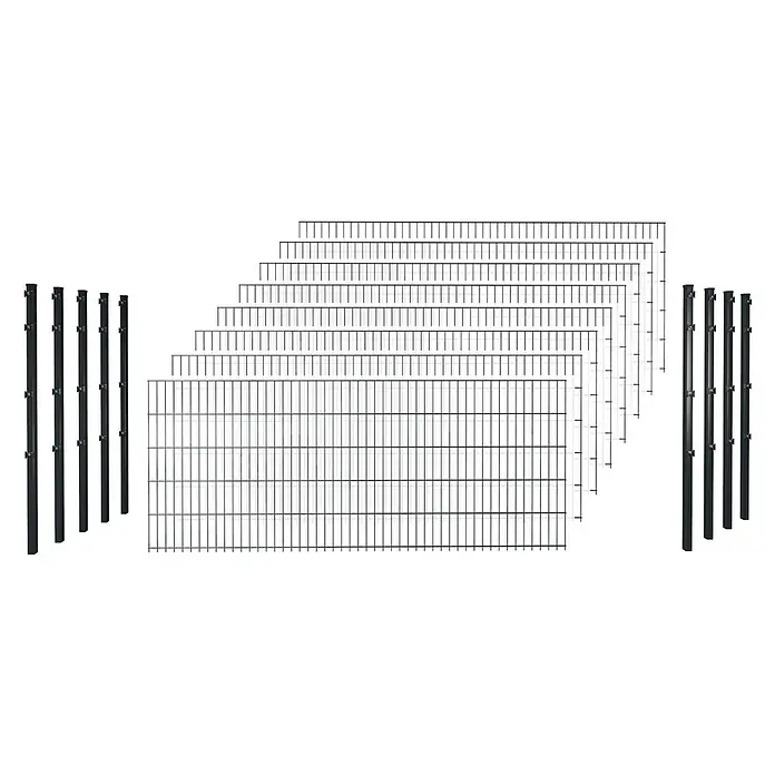 Hadra Zaun-Set DSM 6/5/6 mit 9 Pfosten - 20 x 1,6 m, Anthrazit, 17 -tlg., Mit Klemmhalter - Schwarze Metallzaunpfosten und Drahtgitterzaunfelder in verschiedenen Größen.