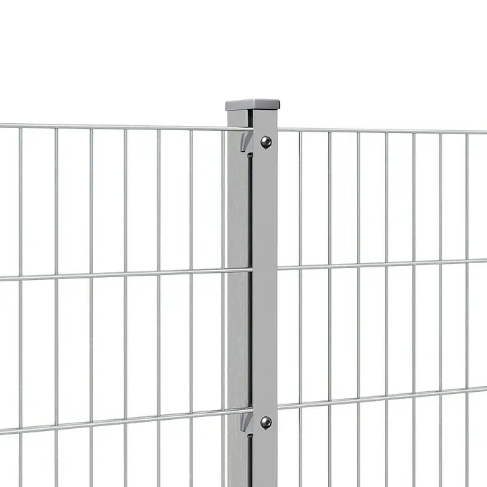 Hadra Zaun-Set DSM 8/6/8 mit 5 Pfosten - 10 x 2 m, Grau, 9 -tlg., Mit Flachhalter - Grauer Metallzaunpfosten, der Drahtgitterzaunfelder mit sichtbaren Schrauben befestigt und eine robuste Barriere bildet.