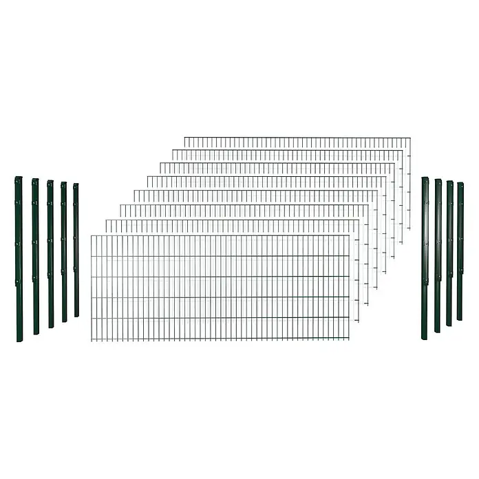 Hadra Zaun-Set DSM 6/5/6 mit 9 Pfosten - 20 x 1,4 m, Grün, 17 -tlg., Mit Flachhalter - Grüne Metallzaunfelder in verschiedenen Größen und passende Zaunpfosten für ein modulares Zaunsystem.