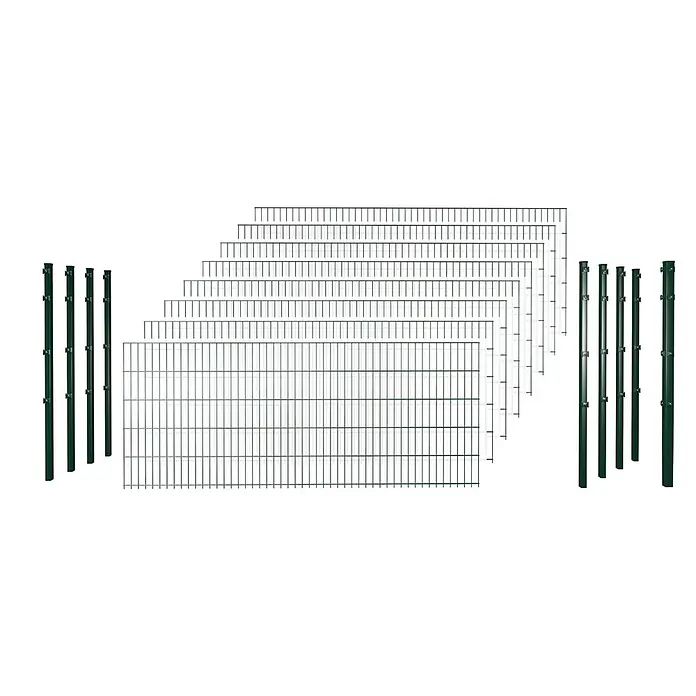 Hadra Zaun-Set DSM 8/6/8 mit 8 Pfosten + Eckpfosten - 20 x 2 m, Grün, 17 -tlg., Mit Klemmhalter - Dunkelgrüne Metallzaunfelder unterschiedlicher Höhen mit passenden Pfosten.