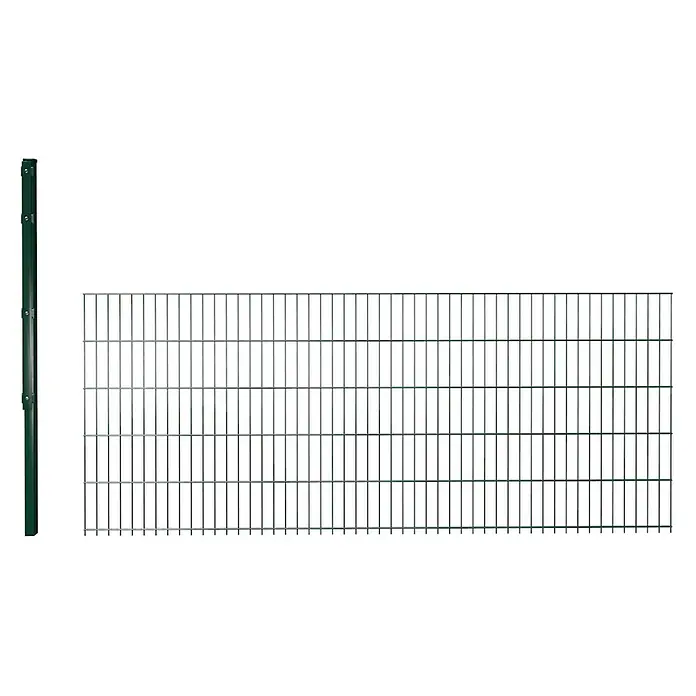 Hadra Zaun-Set DSM Erweiterung 6/5/6 mit Pfosten - 2,5 x 0,6 m, Grün, 2 -tlg., Mit Flachhalter - Grüner Metallzaunpfosten und eine passende grüne Gitterzaunplatte.