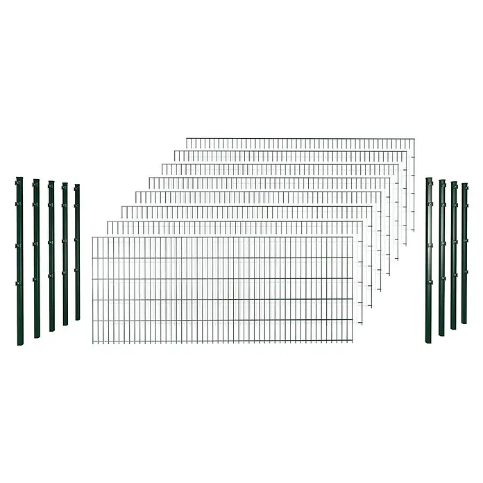 Hadra Zaun-Set DSM 8/6/8 mit 9 Pfosten - 20 x 1,2 m, Grün, 17 -tlg., Mit Klemmhalter - Grüne Zaunpfosten und grüne Gitterzaunfelder in verschiedenen Größen, montagebereit.