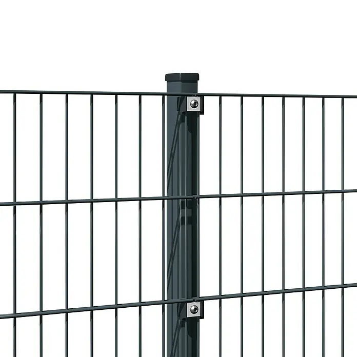 Hadra Zaun-Set DSM 6/5/6 mit 5 Pfosten - 10 x 0,6 m, Anthrazit, 9 -tlg., Mit Klemmhalter - Dunkelgrauer Metallzaunpfosten mit Kappe, der ein Zaunelement mit zwei Klammern sichert.