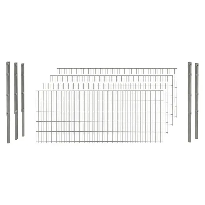 Hadra Zaun-Set DSM 8/6/8 mit 5 Pfosten - 10 x 2 m, Grau, 9 -tlg., Mit Flachhalter - Graue Metallzaunfelder und -pfosten, modulare Komponenten für den Zaunbau.