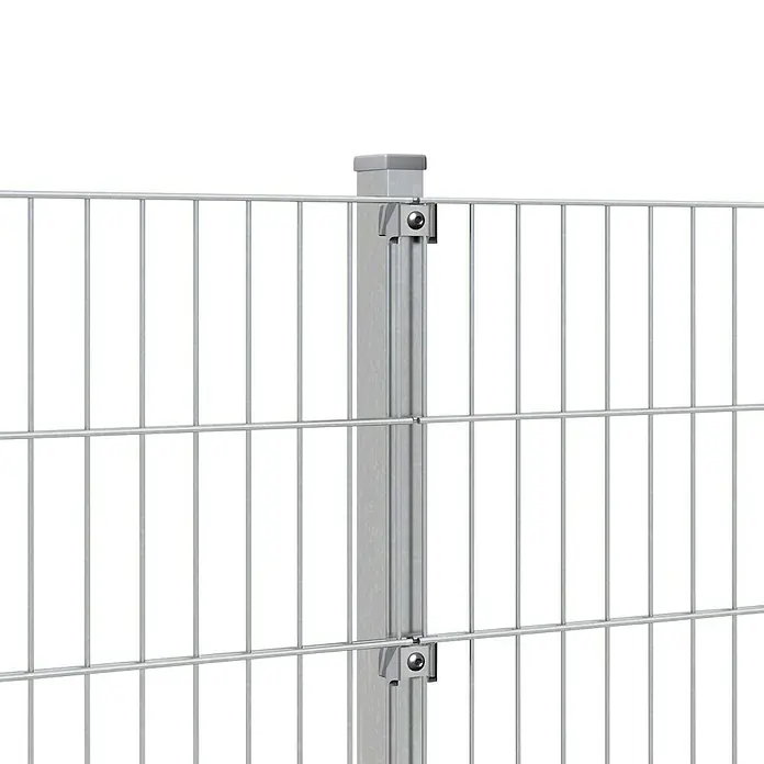 Hadra Zaun-Set DSM 6/5/6 mit 5 Pfosten - 10 x 1,4 m, Grau, 9 -tlg., Mit Klemmhalter - Graumetall-Zaunfeld an grauem Metallpfosten mit Klammern und Schrauben befestigt.