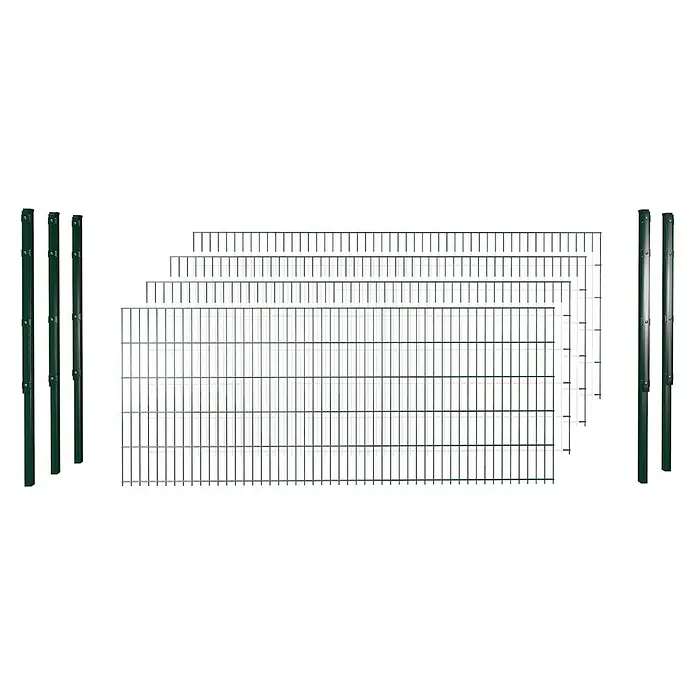 Hadra Zaun-Set DSM 6/5/6 mit 5 Pfosten - 10 x 0,8 m, Grün, 9 -tlg., Mit Flachhalter - Grüne Metallzaunfelder unterschiedlicher Höhen mit passenden Pfosten, montagefertig.