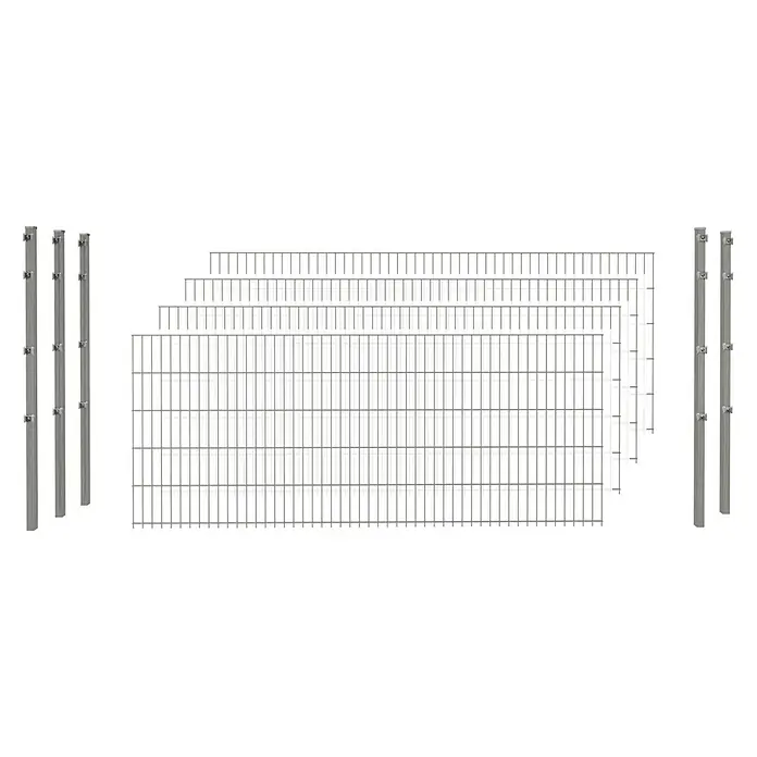 Hadra Zaun-Set DSM 6/5/6 mit 5 Pfosten - 10 x 1,4 m, Grau, 9 -tlg., Mit Klemmhalter - Graue Metallzaunpfosten und gestapelte Gitterzaunfelder, montagebereit.