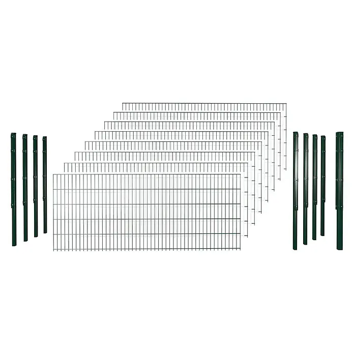 Hadra Zaun-Set DSM 6/5/6 mit 8 Pfosten + Eckpfosten - 20 x 2 m, Grün, 17 -tlg., Mit Flachhalter - Dunkelgrüne Metallzaunfelder und Pfosten in verschiedenen Größen für ein modulares Zaunsystem.