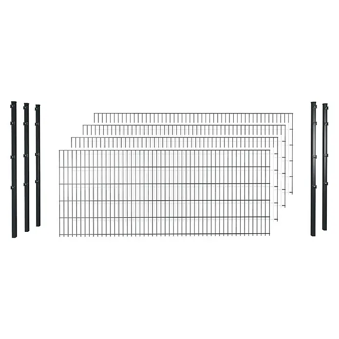 Hadra Zaun-Set DSM 6/5/6 mit 5 Pfosten - 10 x 0,6 m, Anthrazit, 9 -tlg., Mit Klemmhalter - Mehrere dunkelgraue Metallzaunfelder in verschiedenen Größen, gestapelt, mit passenden Zaunpfosten.