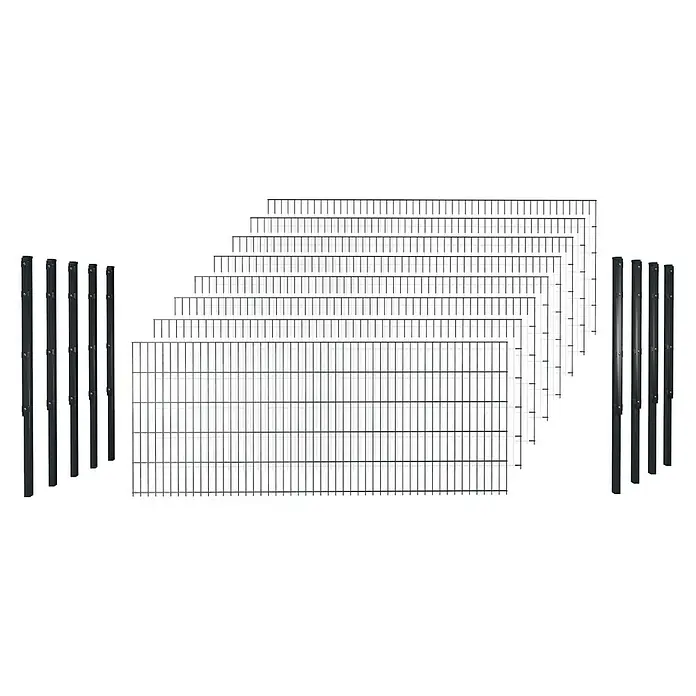 Hadra Zaun-Set DSM 6/5/6 mit 9 Pfosten - 20 x 1,6 m, Anthrazit, 17 -tlg., Mit Flachhalter - Schwarze Zaunpfosten und unterschiedlich große graue Drahtgitterzaunfelder für abgestufte Zäune.