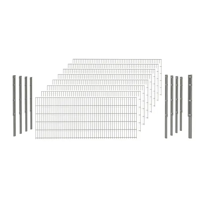 Hadra Zaun-Set DSM 6/5/6 mit 8 Pfosten + Eckpfosten - 20 x 2 m, Grau, 17 -tlg., Mit Flachhalter - Sortiment grauer Metallgitter-Zaunfelder in verschiedenen Größen und passender Zaunpfosten.