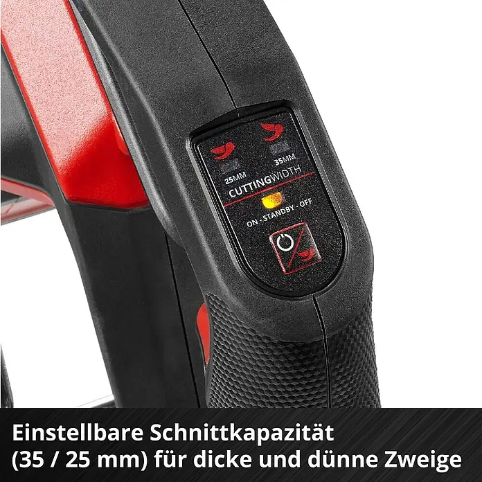 Einhell Professional Power X-Change 18V Akku-Astschere GP-LS 18/35 Li BL - 35 mm - Schwarzer und roter Griff einer elektrischen Astschere mit Bedienfeld, das einstellbare Schnittbreiten (25mm/35mm) und Betriebsarten anzeigt.