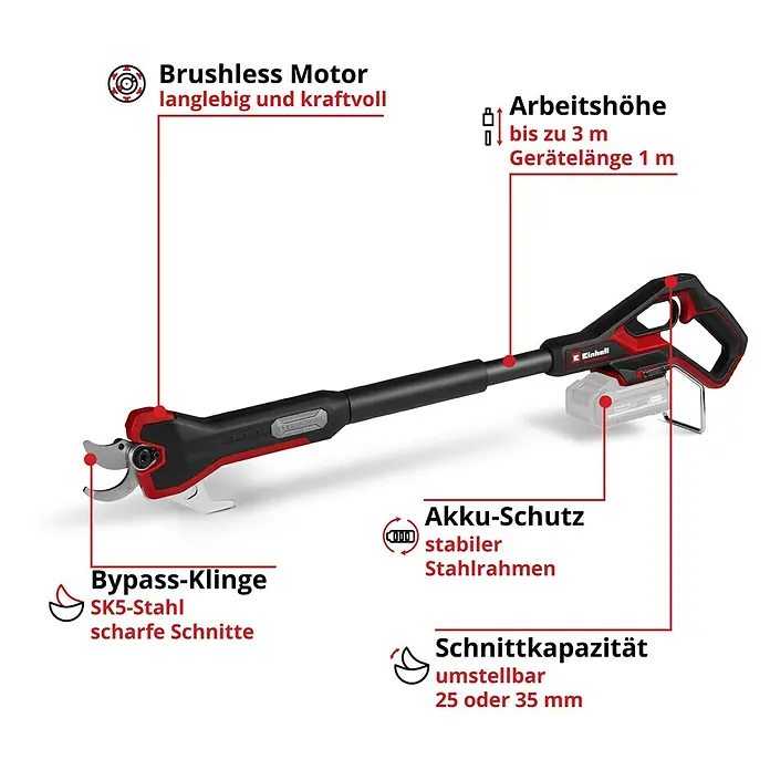 Einhell Professional Power X-Change 18V Akku-Astschere GP-LS 18/35 Li BL - 35 mm - Rote und schwarze Akku-Stab-Astschere mit bürstenlosem Motor und einstellbarer Schnittkapazität bis 35mm.