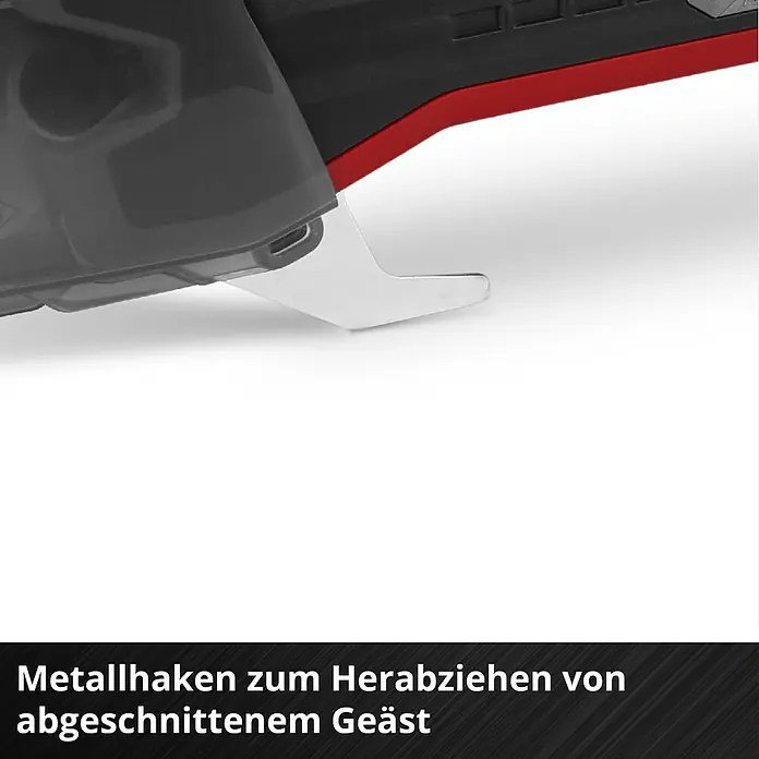 Einhell Professional Power X-Change 18V Akku-Astschere GP-LS 18/35 Li BL - 35 mm - Silberner Metallhaken zum Herabziehen von abgeschnittenen Ästen, an einem schwarz-roten Werkzeug.