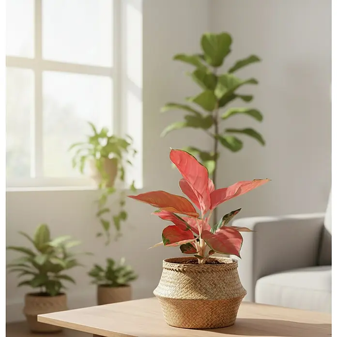 Piardino Kolbenfaden - Aglaonema Red Star, Topfgröße: 12 cm - Rotblättrige Zimmerpflanze in geflochtenem Korb auf Holztisch in hellem Raum.