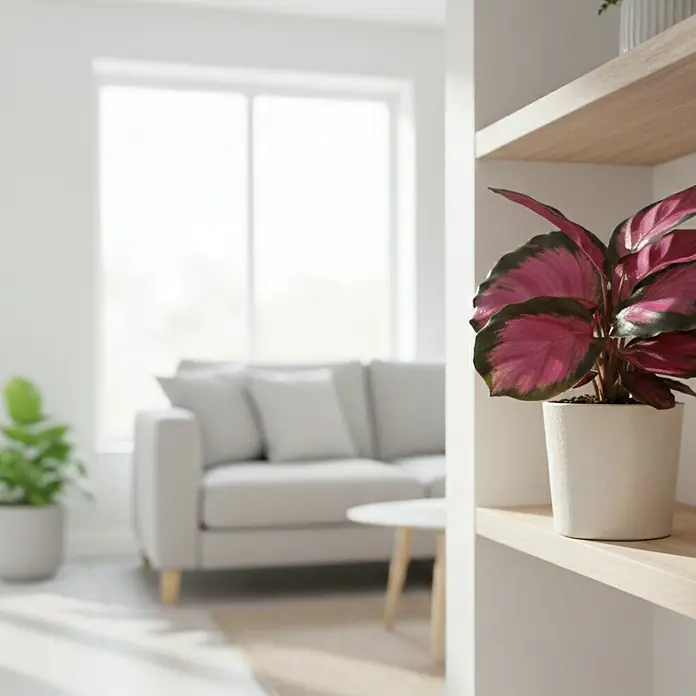 Piardino Korbmarante - Calathea roseopicta Rosey, Topfgröße: 6 cm - Pflanze mit leuchtend rosafarbenen Blättern in weißem Topf auf Holzregal, als Wohnaccessoire.
