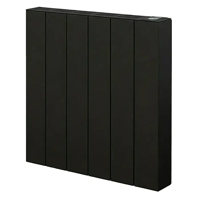 HJM Emisor térmico Elian - 1.000 W, Negro, 10 x 50,4 x 50 cm, Seco - Radiador eléctrico gris oscuro con paneles verticales y una pantalla superior.
