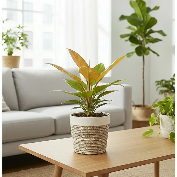 Piardino Baumfreund - Philodendron Hybriden Prince of orange, Topfgröße: 12 cm - Topfpflanze mit zweifarbigem Topf: weiße Keramikoberseite, geflochtene Naturfaserbasis. Auf einem Holztisch.