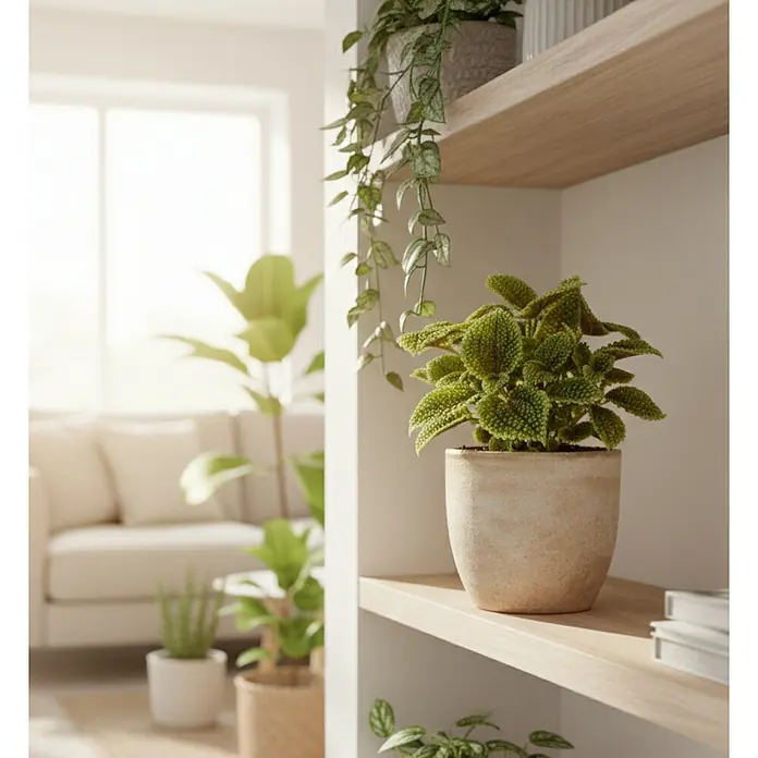 Piardino Kanonierblume - Pilea mollis, Topfgröße: 12 cm, Blattfarbe: Grün - Strukturierte Grünpflanze in einem hellen, rustikalen Topf auf einem Holzregal.