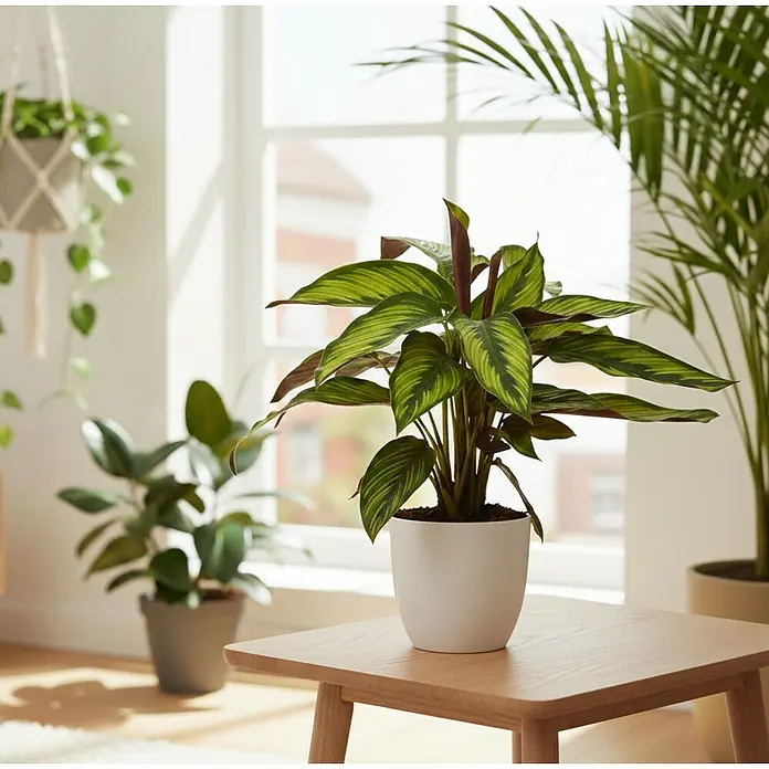 Piardino Korbmarante - Calathea majestica princeps, Topfgröße: 14 cm - Eine leuchtende Calathea-Pflanze in einem weißen Topf auf einem Holztisch, mit grün-lila gestreiften Blättern.