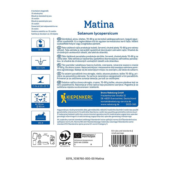 Kiepenkerl Zelenjavna semena Paradižnik Matina  (Solanum lycopersicum, Čas žetve: Julij) | 8127 - Feinsämereien in PG Marke | IBYA - Sämereien | IBY - Sämereien | IB - Grünpflanzen/Sämereien | I - Stadtgarten | BAUHAUS