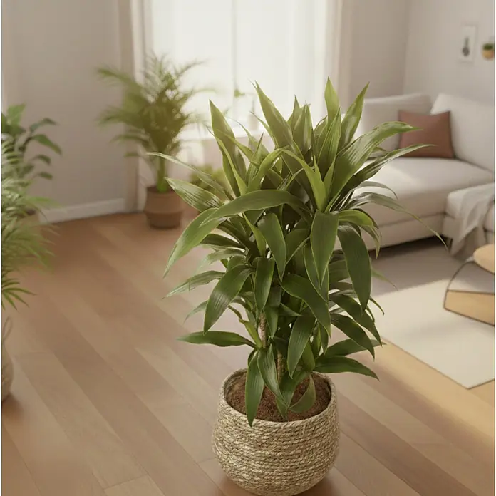 Piardino Drachenbaum - Dracaena fragrans 'Janet Craig', Topfgröße: 27 cm, Dunkelgrün - Üppige Grünpflanze im geflochtenen Korb in einem hellen Wohnzimmer.
