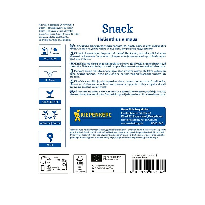 Kiepenkerl Cvetlična semena Sončnica Snack  (Helianthus annuus, Rumena) | 8127 - Feinsämereien in PG Marke | IBYA - Sämereien | IBY - Sämereien | IB - Grünpflanzen/Sämereien | I - Stadtgarten | BAUHAUS