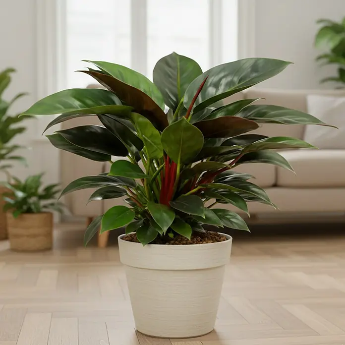 Piardino Baumfreund 'Congo Apple' - Philodendron, Topfgröße: 19 cm - Üppige Grünpflanze mit roten Stielen in einem hellen, strukturierten Topf auf Holzboden im Wohnzimmer.