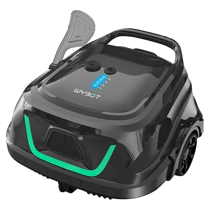 WyBot Poolroboter A1 - Akkubetrieben, Passend für: Pools bis 100 m² Grundfläche, Filterleistung: 7.000 l/h - Dunkelgrauer Mähroboter mit transparenter Abdeckung, grünem LED-Streifen vorne und blauen Anzeigen mit 'WYBOT'.