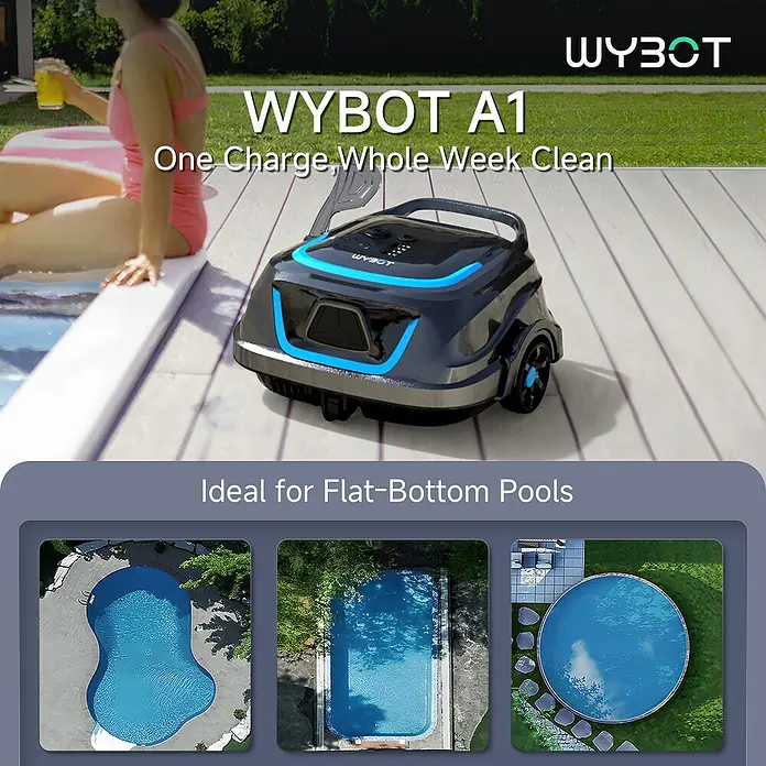 WyBot Poolroboter A1 - Akkubetrieben, Passend für: Pools bis 100 m² Grundfläche, Filterleistung: 7.000 l/h - Dunkelgrauer und blauer WYBOT A1 Roboter-Poolreiniger auf einem Deck am Pool, ideal für Flachbodenpools mit einer Wochenladung.