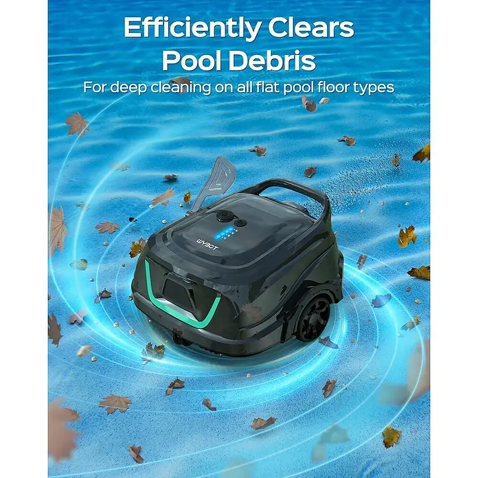 WyBot Poolroboter A1 - Akkubetrieben, Passend für: Pools bis 100 m² Grundfläche, Filterleistung: 7.000 l/h - Schwarzer WYBOT Poolroboter mit türkisen Lichtern, reinigt effizient Schmutz im Pool.