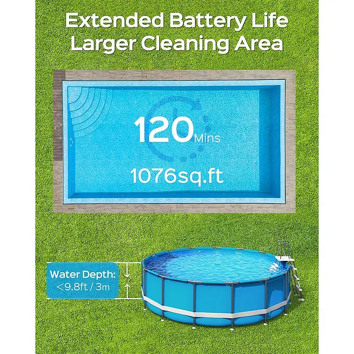 WyBot Poolroboter A1 - Akkubetrieben, Passend für: Pools bis 100 m² Grundfläche, Filterleistung: 7.000 l/h - Roboter-Poolreiniger Spezifikationen: 120 Min. Akkulaufzeit, reinigt 100 m², für Wassertiefen bis 3m.